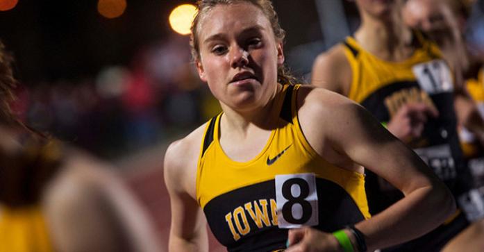 Iowas Jocelyn Todd competes in a distance event at the Musco Twilight meet at the Cretzmeyer Track on Saturday, April 20, 2013. (The Daily Iowan/Rachel Jessen)