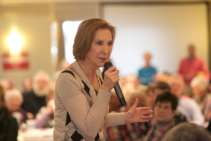 Presidential candidate Carly Fiorina speaks to a crowd of supporters at the University Club on Tuesday. Fiorina outlined her blueprint for change and urged attendees to support her in the caucuses. (The Daily Iowan/Eden Hall)