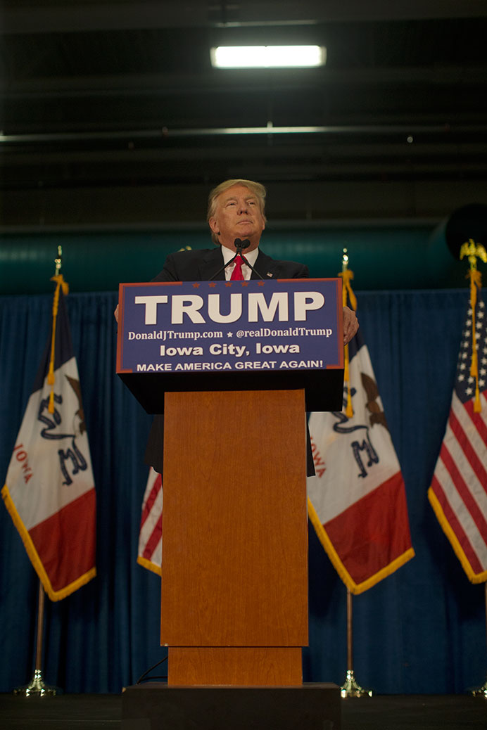 Donald Trump speaks to a crowd at the University of Iowa Field house on Tuesday Jan 26, 2016. Trump is currently tied in Iowa with Ted Cruz. (The Daily Iowan/Jordan Gale) 