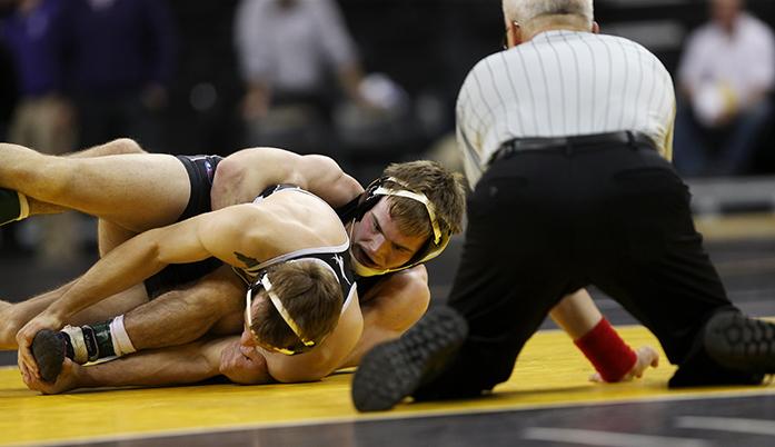 Iowa 149-pounder Brandon Sorensen wrestles against Grand Canyons Blake Monty during the Iowa City Duals at Carver-Hawkeye Arena on Friday, Nov. 20, 2015. The Hawkeyes defeated the Antelopes 44-0. (The Daily Iowan/Valerie Burke)