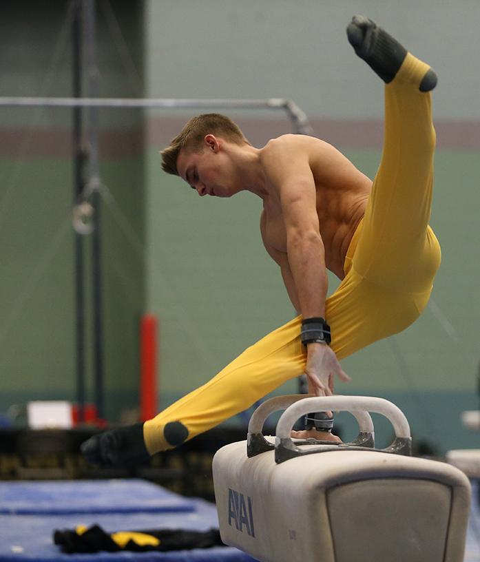 Iowa gymnast Doug Sullivan competes on the pommel horse at the Black and Gold Intrasquad meet at the Field House on Saturday, Dec. 6, 2014. The Black team defeated Gold team 253.55 to 251.40. (The Daily Iowan/Valerie Burke)