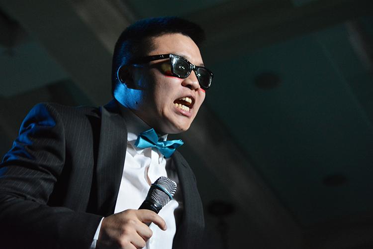 Morale captian Clint Donaldson lip syncs Gangnam Style during the male pageant event during the 3rd hour of the 22nd Dance Marathon in the Iowa Memorial Union on Friday, Feb. 5, 2016. 