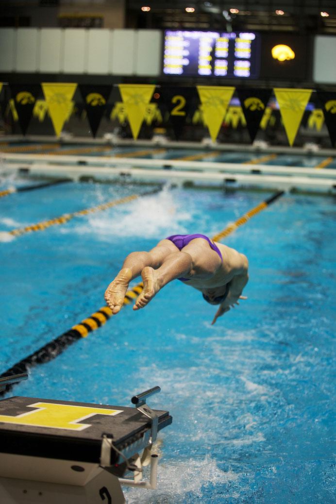 A member of the Western-C relay team dives into the water at the CRWC on February 5, 2016. This team came in 7th for the 200 freestyle relay at 1:30.78. (Daily Iowan/Karley Finkel)