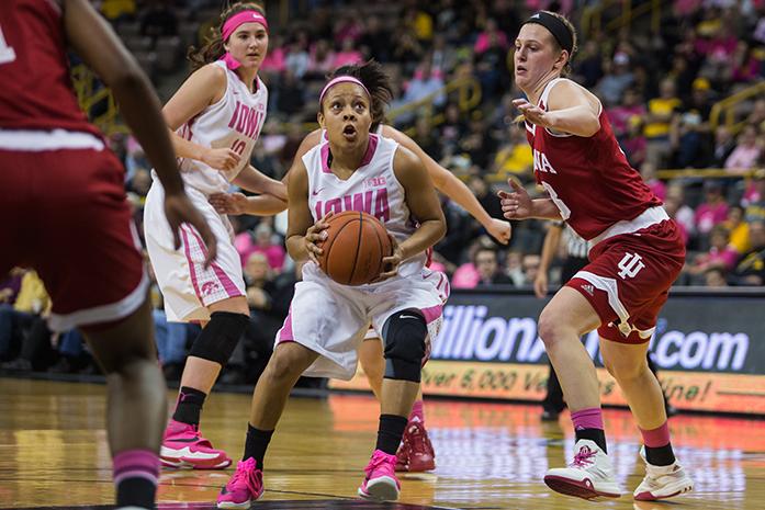 Iowa Guard Tania Davis looks for the basket during the Womens Basketball game against Indiana at Carver-Hawkeye Arena on Sunday Feb. 21, 2016. The Hawkeyes beat the Hoosiers 76-73 in front of a home crowd of 9,838. (The Daily Iowan/Anthony Vazquez)