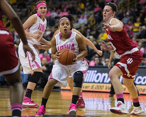 Iowa Guard Tania Davis looks for the basket during the Women's Basketball game against Indiana at Carver-Hawkeye Arena on Sunday Feb. 21, 2016. The Hawkeyes beat the Hoosiers 76-73 in front of a home crowd of 9,838. (The Daily Iowan/Anthony Vazquez)