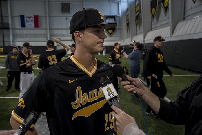 Iowa right handed pitcher Tyler Radtke talks to the media at Richard O. Jacobson Athletic Building on Thursday, Feb. 11, 2016. (The Daily Iowan/Peter Kim)