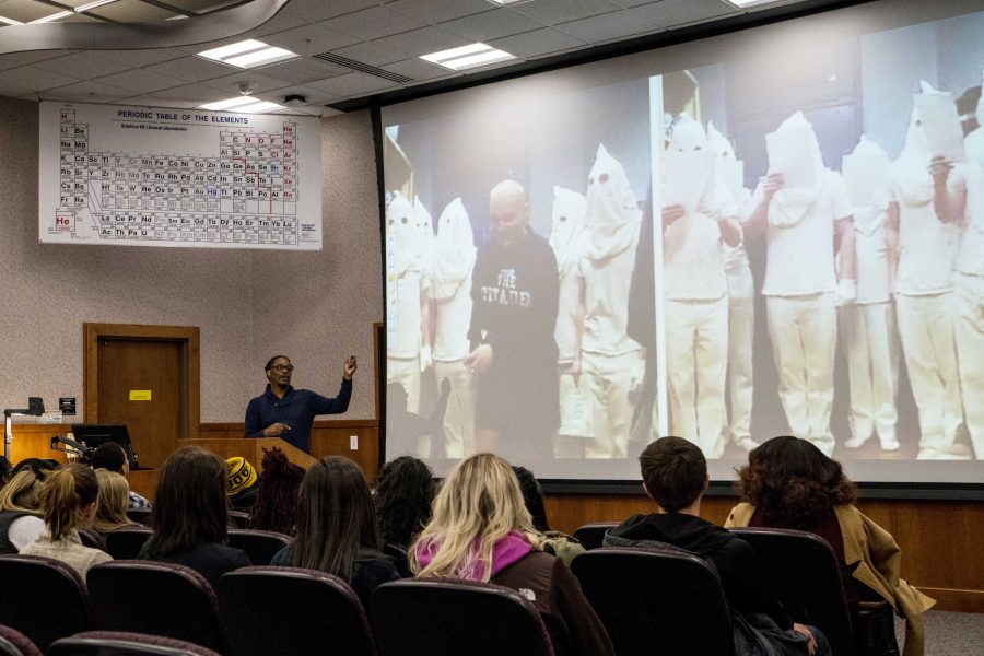 Author of the newly released book Blackballed Lawrence Ross gives a speech at Phillips Hall on Friday, Feb. 26, 2016. The book talks about racism in college campus across United States. (The Daily Iowan/Peter Kim)