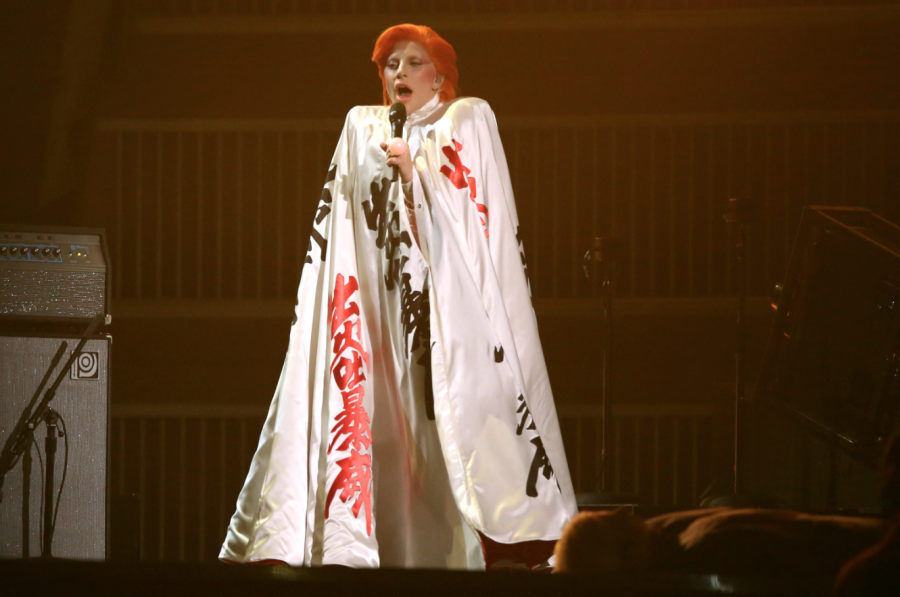 Lady Gaga performs a tribute to David Bowie at the 58th-annual Grammy Awards on Monday in Los Angeles. (Associated Press/Matt Sayles/Invision)