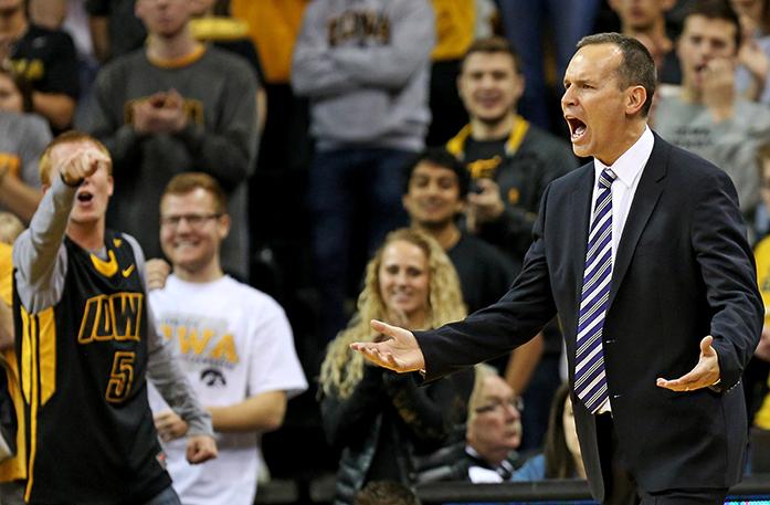 Northwestern head coach Chris Collins reacts after Northwestern guard Scottie Lindsey was called for a technical foul during the second half of an NCAA college basketball game against Iowa, Sunday, Jan. 31, 2016, in Iowa City, Iowa. Iowa won 85-71. (AP Photo/Justin Hayworth)
