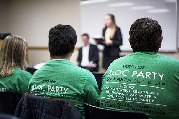 Members of BLOC party listen to vice presidential candidates talking at Iowa Memorial Union on Monday, Mar 28, 2016. Each candidates talked about sexual assault, freedom of speech, and working with University of Iowa president Bruce Herald. (The Daily Iowan/Peter Kim)