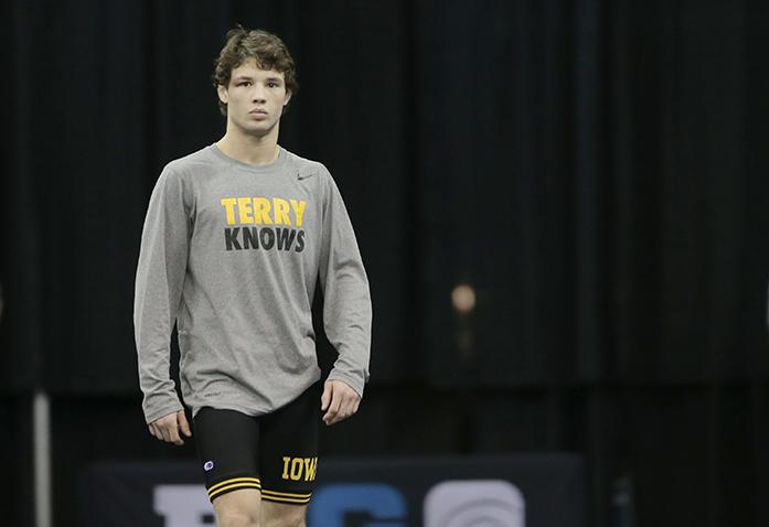 Iowa 125-pounder Thomas Gilman warms up before his consolation semifinal match against Nebraskas Tim Lambert at the Big Ten Championships at Carver-Hawkeye Arena on Sunday, March 6, 2016. Gilman defeated Lambert 12-4 to take third place in the Big Tens. (The Daily Iowan/Valerie Burke)