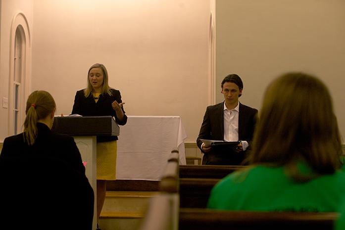 BLOC party candidate Rachel Zuckerman discusses stances next to Yes Party candidate Jon Langel during a University of Iowa Student Government debate at Danforth Chapel on Wednesday, March 23, 2016. Topics brought up included international student relations, wider food plans for residents, and Pres. Bruce Harreld. (The Daily Iowan/Jordan Gale)