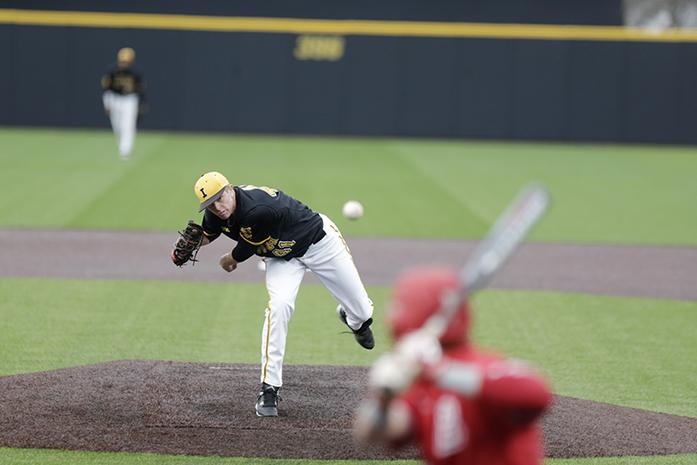 Iowa pitcher Ryan Erickson throws the ball towards home plate at Duane Banks Field in Iowa City, Iowa on Tuesday March 22, 2016. The Hawkeyes rally back in the bottom of the 9th to defeat the Braves 7-6. (The Daily Iowan/ Alex Kroeze)