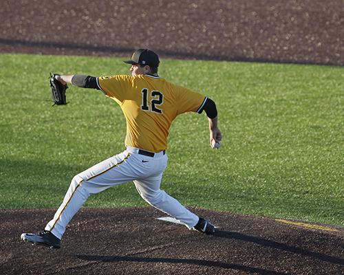 Iowa pitcher Sammy Lizarraga winds up at Duane Banks Field on Saturday, April 9, 2016. The Fighting Illini beat the Hawkeyes 10-4 in the second game of their double header. (The Daly Iowan/ Alex Kroeze)