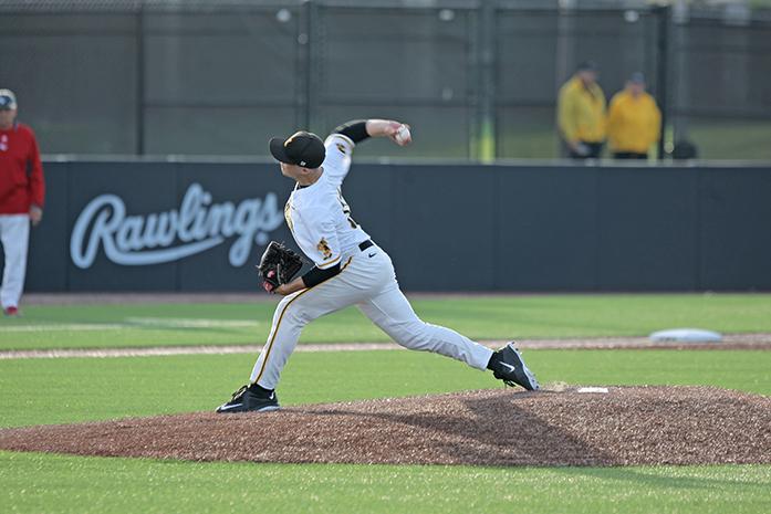 Iowa pitcher Cole McDonald throws out the first pitch during the Iowa-Grand View game at Duane Banks Field on April 26, 2016. The Hawkeyes defeated the Vikings 3-0. (The Daily Iowan/  Alex Kroeze)