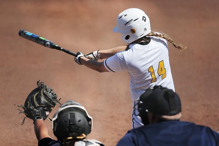 Iowa first baseman Kaitlyn Mullarkey swings the bat during game three of the Iowa-Purdue series at Bob Pearl Field on Sunday, April 3, 2013. The Hawkeyes won over the Boilermakers, 10-3. (The Daily Iowan/Margaret Kispert)