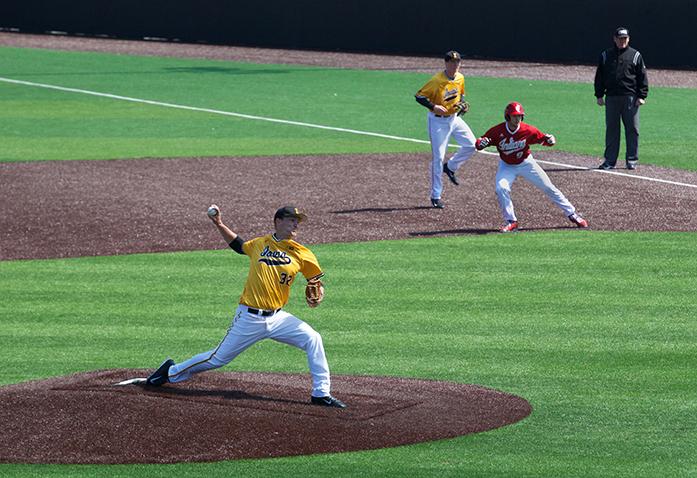 Iowa right handed pitcher Calvin Mathews prepares to throw the ball during the third game series of the Iowa-Indiana game at Banks Field on Sunday March, 2015. The Hawkeyes defeated the Hoosiers, 10-6. (The Daily Iowan/Margaret Kispert)