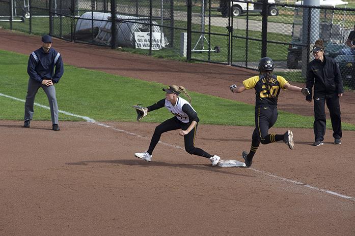 Third baseman Amanda Sanchez takes first base during the first game of the doubleheader against Missouri at Bob Pearl field on Tuesday, April 19, 2016. The Tigers defeated the Hawkeyes 7-1. (The Daily Iowan/Tawny Schmit)