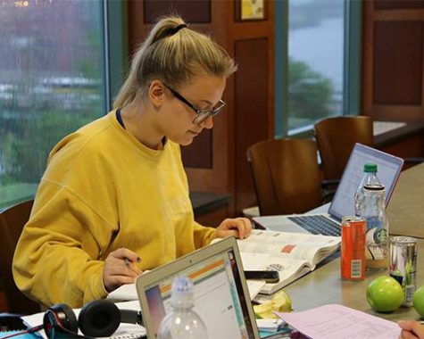 Freshman Carley Stepanek studies her notes in a Hillcrest lounge on a rainy Monday. Stepanek was studying for her biology final with a group of her friends. 