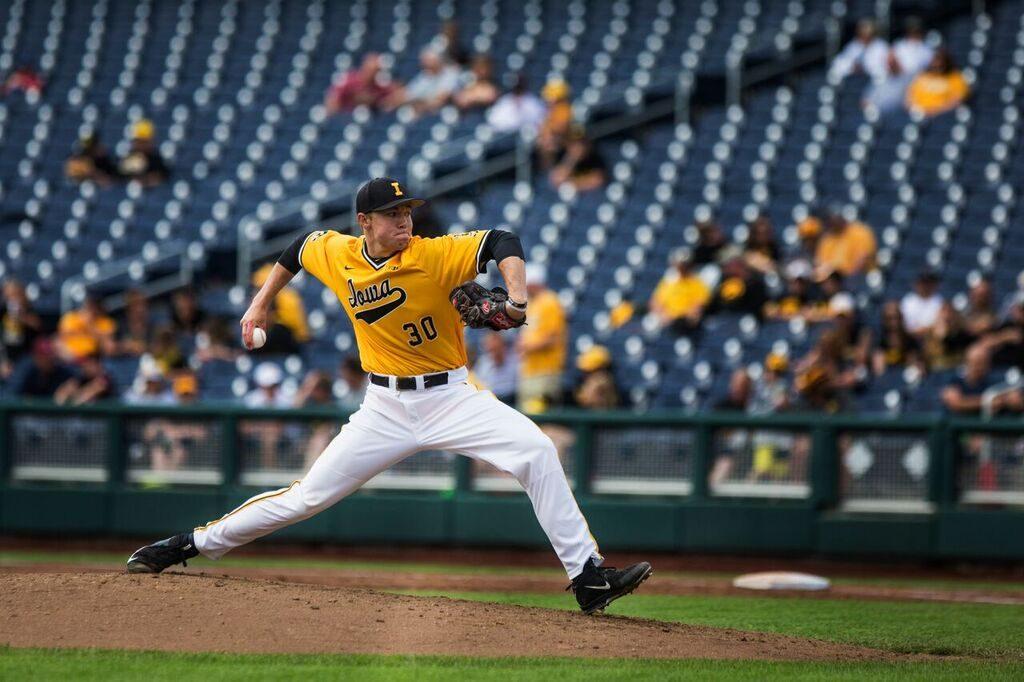 Nick Gallagher pitches against Maryland in a semifinal game of the Big Ten Tournament on May 28 in Omaha, Nebraska. Iowa won the game 11-0.