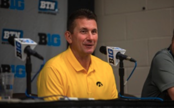 Iowa head coach Rick Heller speaks with the media at TD Ameritrade Park in Omaha, Nebraska on May 24 in anticipation of the Big Ten Tournament that starts on May 25.