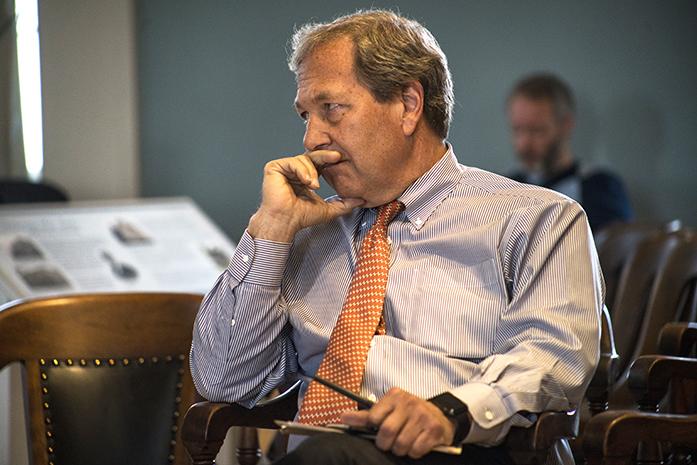 UI president Bruce Harreld listens to the other panelists at the Old Capitol Museum on Monday, May 2, 2016. The panels discussed numerous topics including social justice and themed semester program. (The Daily Iowan/Peter Kim)