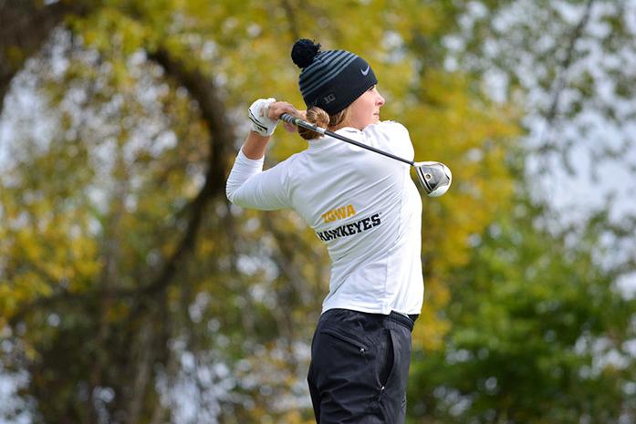 Iowa golfer Amy Ihm drives the ball at the Diane Thomason Invitational at Finkbine Golf Course on Saturday and Sunday Oct. 4-5, 2014. The Illinois Fighting Illini took first in the tournament, beating Iowa by 14 strokes. (The Daily Iowan/Valerie Burke)