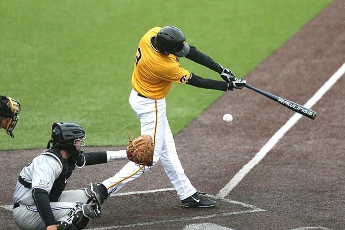 Iowa short-stop Nick Roscetti swings the bat during game three of the Iowa-Kansas State series at Duane Banks field on Sunday, May 1, 2016. The Wildcats defeated the Hawkeyes, 4-2 taking the series. (The Daily Iowan/Margaret Kispert)