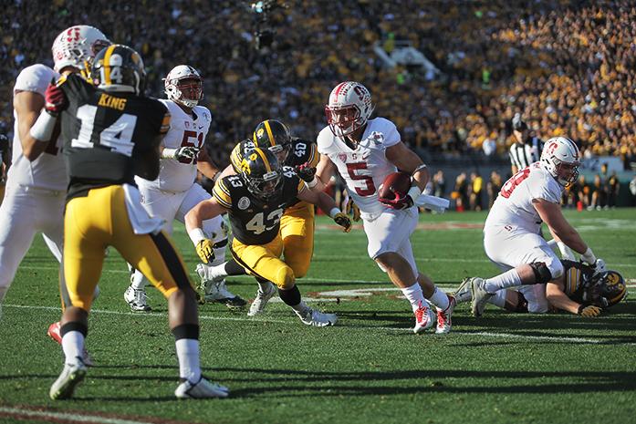 Iowa running back Christian McCaffrey runs with the ball avoiding Iowa tighten Josey Jewell during the Rose Bowl Game at Rose Bowl Stadium in Pasadena, California on Friday, Jan. 1, 2016. Stanford defeated Iowa, 45-16. (The Daily Iowan/Margaret Kispert)