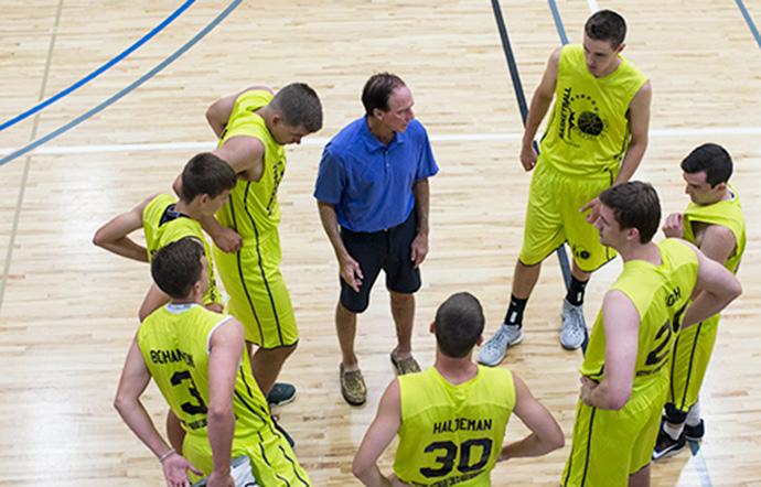 Westport Touchless Autowash/Linn County Anesthesiologists' coach Randy Larson talks to his players during a Prime Time League basketball game against Vinton Merchants/McCurry's at the North Liberty Community Center on Thursday, July 7, 2016. (The Daily Iowan/Joseph Cress)