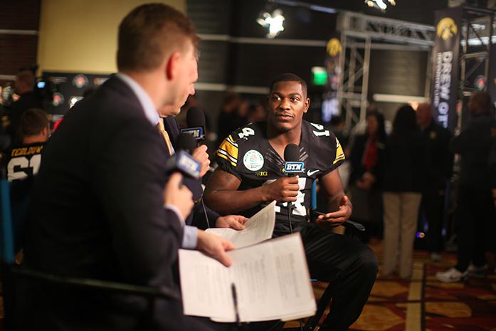 Iowa defensive back Desmond King talks to the Big 10 Network during Iowas Media Conference in The L.A. Hotel Downtown in Los Angeles on Tuesday, Dec. 29, 2015. Iowa will play in the 102nd Rose Bowl against Stanford on January 1, 2016. (The Daily Iowan/Alyssa Hitchcock)
