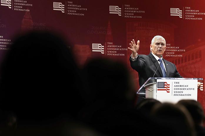 Republican vice presidential candidate Gov. Mike Pence, R-Ind., speaks during a luncheon sponsored by the American Conservative Union Foundation, Tuesday, July 19, 2016, in Cleveland. (AP Photo/Mary Altaffer)