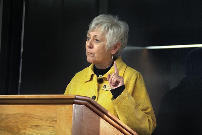 UI President Sally Mason speaks at the newly opened James M. Hoak Family Golf Complex on Wednesday, February 13, 2013 in Iowa City, Iowa. The facility, a $2 million project, was named after former Iowa golfer and roommate of Nile Kinnick, Jim Hoak. (The Daily Iowan/Adam Wesley)