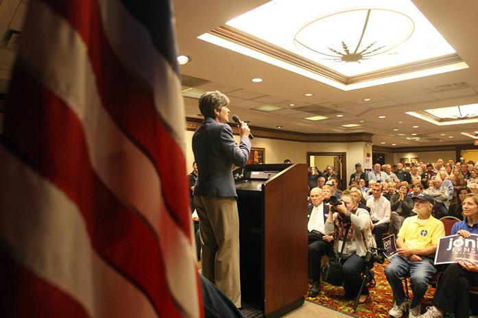 Joni Ernst gives her speech at the Iowa Knows Best Tour at the Cedar Rapids Marriott Hotel on Monday, Oct. 13, 2014. Mitt Romney fully supports Joni Ernst and her campaign. (The Daily Iowan/McCall Radavich)