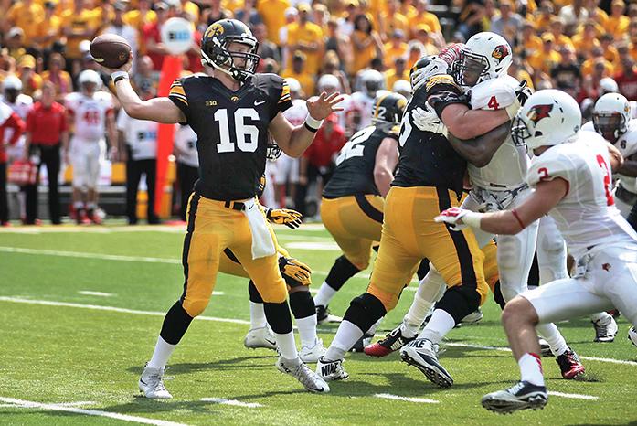 Iowa quarterback C.J. Beathard throws the ball during the Iowa-Illinois State game in Kinnick on Saturday, Sept. 5, 2015. The Hawkeyes defeated the Redbirds, 31-14. (The Daily Iowan/Margaret Kispert)