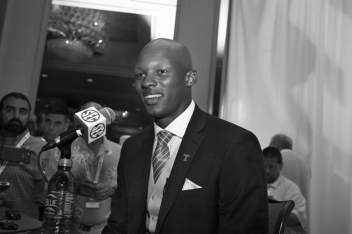 Tennessee quarterback Joshua Dobbs speaks to the media at the Southeastern Conference NCAA college football media days, Tuesday, July 12, 2016, in Hoover, Ala. (AP Photo/Brynn Anderson)