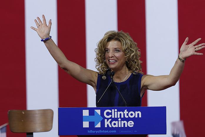 In this Saturday, July 23, 2016 photo, DNC Chairwoman, Debbie Wasserman Schultz speaks during a campaign event for Democratic presidential candidate Hillary Clinton during a rally at Florida International University Panther Arena in Miami.  On Sunday, Wasserman Schultz announced she would step down as DNC chairwoman at the end of the partys convention, after some of the 19,000 emails, presumably stolen from the DNC by hackers, were posted to the website Wikileaks. (AP Photo/Mary Altaffer)