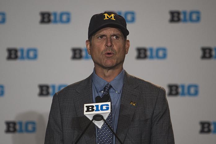 Jim Harbaugh, Michigan head coach answers questions on day one of B1G  media day, on Monday, July 25, 2016. Harbaugh stated that top receiver from last year, Jehu Chesson, will be ready to play come fall camp starting August 8. (The Daily Iowan/Jordan Gale)