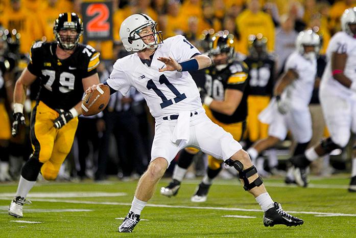Penn State quarterback Matt McGloin looks for a pass against Iowa at Kinnick Stadium in Iowa City, Iowa on Saturday, October 20, 2012. The Nittany Lions defeated the Hawkeyes, 38-14. (The Daily Iowan/Adam Wesley)