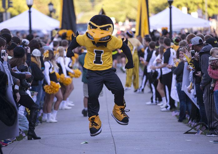 Herky performs during the Beat State Pep Rally Friday, Sept. 12, 2014 on the Pentacrest.  (Brian Ray/hawkeyesports.com)