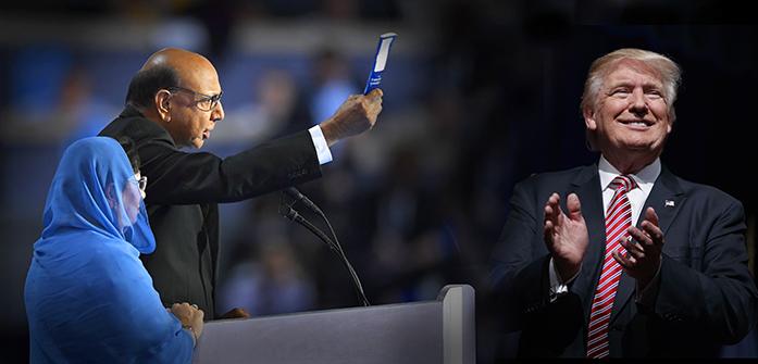 Khizr Khan, father of fallen US Army Capt. Humayun S. M. Khan, holds up his copy the United State Constitution as he speaks during the final day of the Democratic National Convention in Philadelphia , Thursday, July 28, 2016. (AP Photo/Mark J. Terrill)