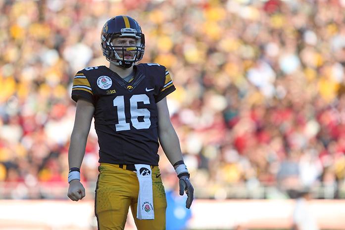 Iowa quarterback C.J. Beathard looks to the sideline during the Rose Bowl Game in Rose Bowl Stadium in Pasadena, California on Friday, Jan. 1, 2016. Beathard had a total of 2 completed passes. Stanford defeated Iowa, 45-16. (The Daily Iowan/Alyssa Hitchcock)