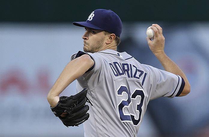 Tampa Bay Rays pitcher Jake Odorizzi works against the Oakland Athletics during the first inning of a baseball game Friday, July 22, 2016, in Oakland, Calif. (AP Photo/Ben Margot)