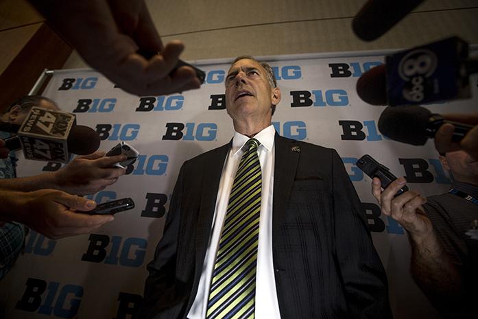 Michigan State head coach Mark Dantonio answers questions after his time on the main podium during day two of Big Ten media days on Tuesday, July 26, 2016. Currently going into the fall 2016 season, Michigan state sits at 33-5 over the last three years. (The Daily Iowan/Jordan Gale)