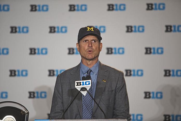 Jim Harbaugh, Michigan head coach answers questions on day one of B1G  media day, on Monday, July 25, 2016. Harbaugh stated that top receiver from last year, Jehu Chesson, will be ready to play come fall camp starting August 8. (The Daily Iowan/Jordan Gale)