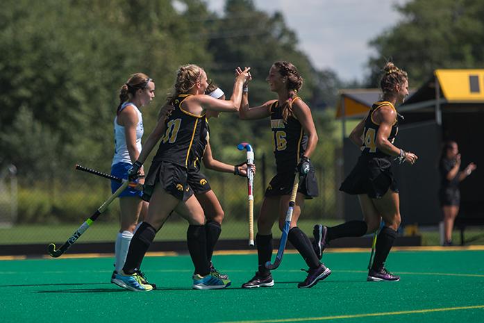 Iowa+midfielder+Katie+Birch+and+Iowa+midfielder+Isabella+Solaroli+celebrate+after+another+goal+during+the+Iowa+v.+Saint+Louis+game+at+Grant+Field+on+Sunday%2C+Sept.+4%2C+2016.+The+Hawkeyes+defeated+the+Billikens+11-0.+%28The+Daily+Iowan%2FAnthony+Vazquez%29