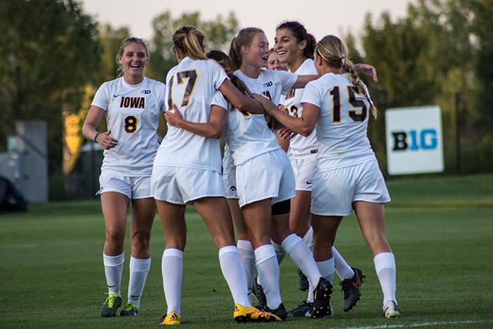 Iowa Celebrates after a goal during the Iowa v. Colorado State match at the Iowa Soccer Complex on Friday, Sept. 2, 2016. The Hawkeyes defeated the Rams 4-1 . (The Daily Iowan/Anthony Vazquez)