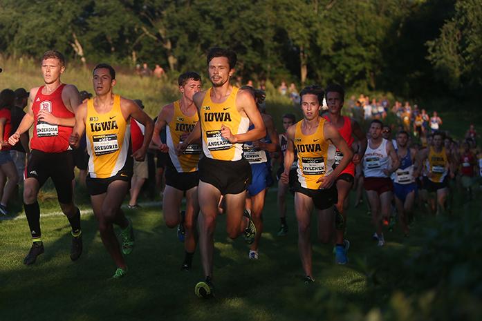 Iowa's Anthony Gregorio and Ben Anderson led a pack during the men's 6k Hawkeye Earlybird Invitational at Ashton Cross Country on Friday, Sept. 2, 2016. Iowa's top finisher was Mitch Melchert finished in fifth with a time of 18:12.8; as the team finished second behind Iowa State. (The Daily Iowan/Margaret Kispert)