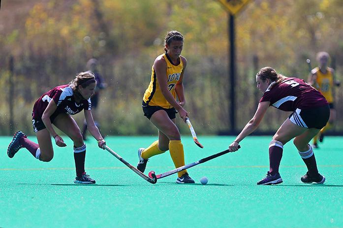 Iowa midfielder Sophie Plasteras dribbles against the Missouri State defense at Grant Field on Sunday, Sep. 28, 2014 in Iowa City, Iowa. The Hawkeyes defeated the Bears, 7-0. (The Daily Iowan/Joshua Housing)