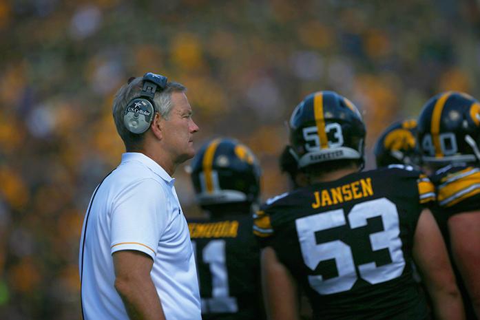 Iowa+head+coach+Kirk+Ferentz+watches+his+team+during+a+timeout+of+the+Iowa-NDSU+game+at+Kinnick+on+Saturday%2C+Sept.+17%2C+2016.+NDSU+defeated+Iowa+in+the+final+seconds+of+the+game+with+a+37-yard+field+goal%2C+23-21.+%28The+Daily+Iowan%2FMargaret+Kispert%29